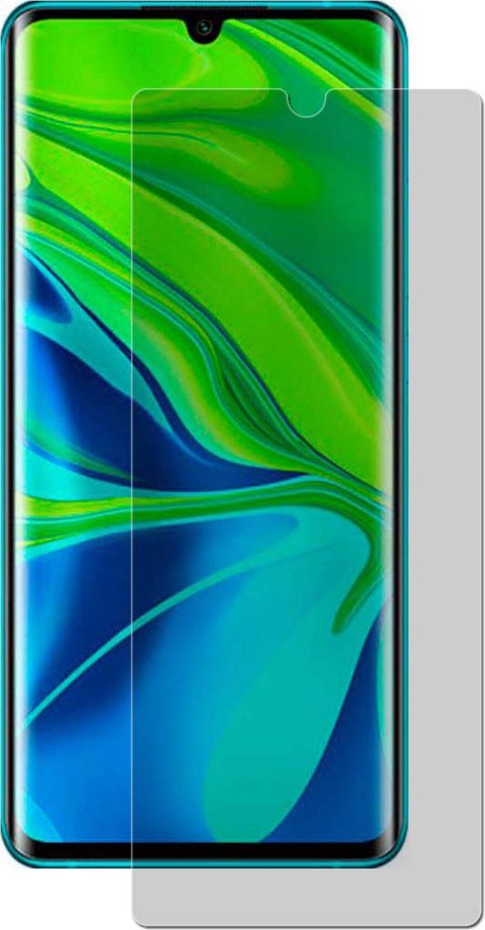 A screen protector for a smartphone, showing the phone's display with a green and blue abstract wallpaper.
