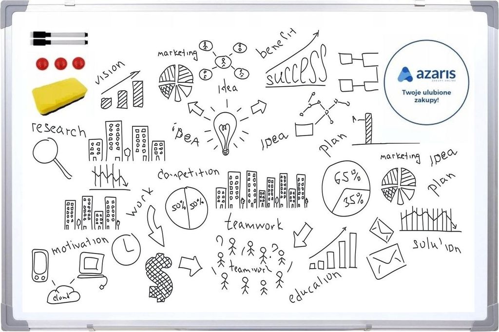 WEISSE MAGNETTAFEL, GROSS, 60 x 45, TROCKEN ABWISCHBAR, FLAMASTRY, SCHWAMM