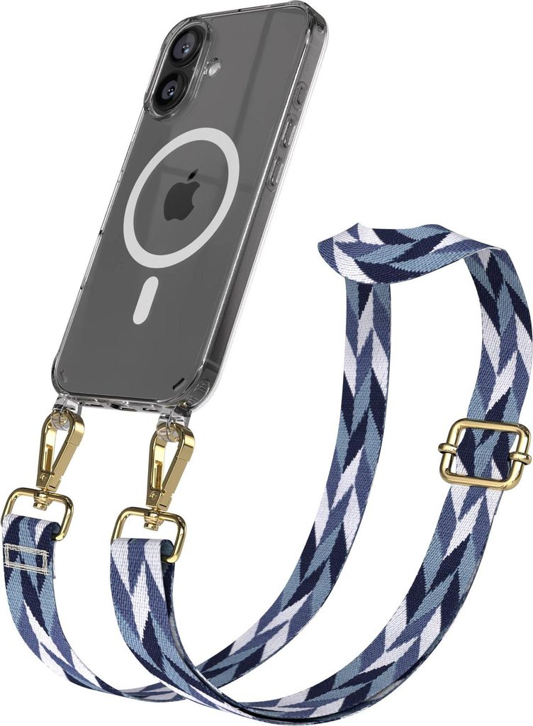 EAZY CASE - Handykette mit MagSafe Hülle für Apple iPhone 16, Handyband Mix Style, Karabiner Gold, Umhängeband in Blau