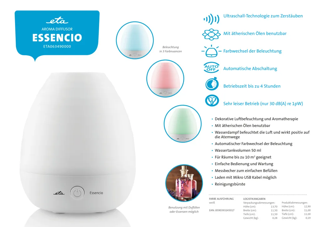 Diffuseur ultrasons ETA Aroma Essencio avec éclairage LED multicolore - 3