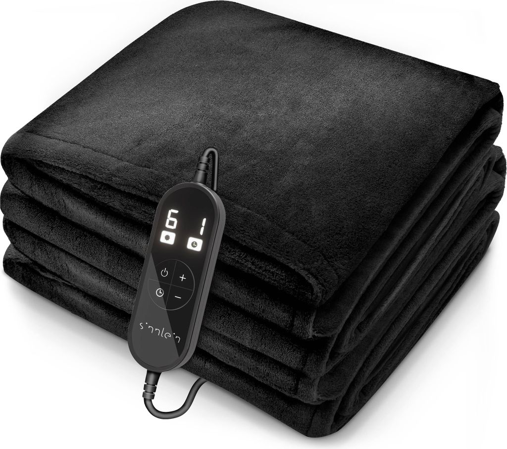 A folded black electric blanket with a controller.