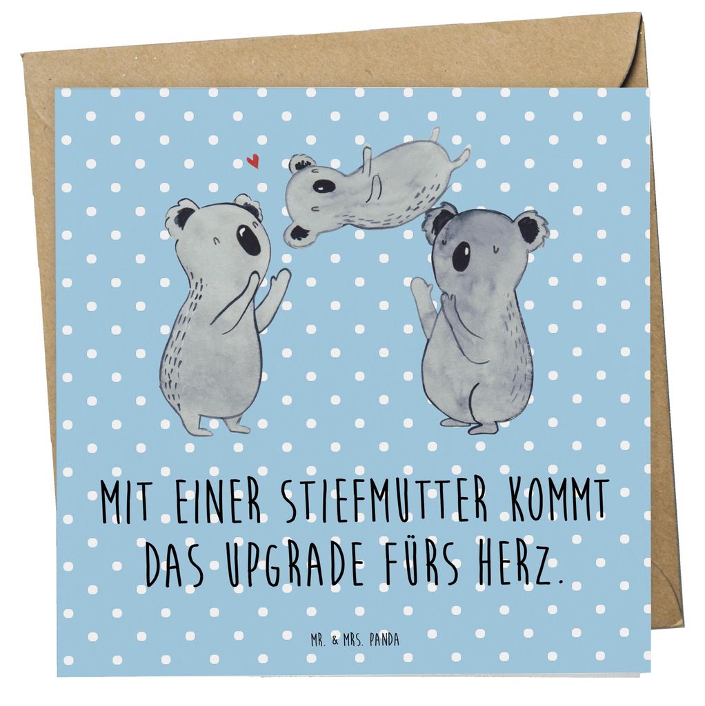 Mr. & Mrs. Panda Glückwunschkarte Herz Stiefmutter - Blau Pastell - Geschenk, Grußkarte, Stiefkind, anlasskarte, einzigartig, faltkarte, doppelka...