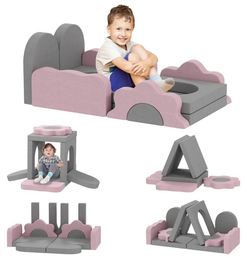 12-teiliges Set Schaumstoffbl?cke zum Klettern. Bauen. Krabbeln. Indoor-Spielmatten mit Cordbezug. Grau+Rosa