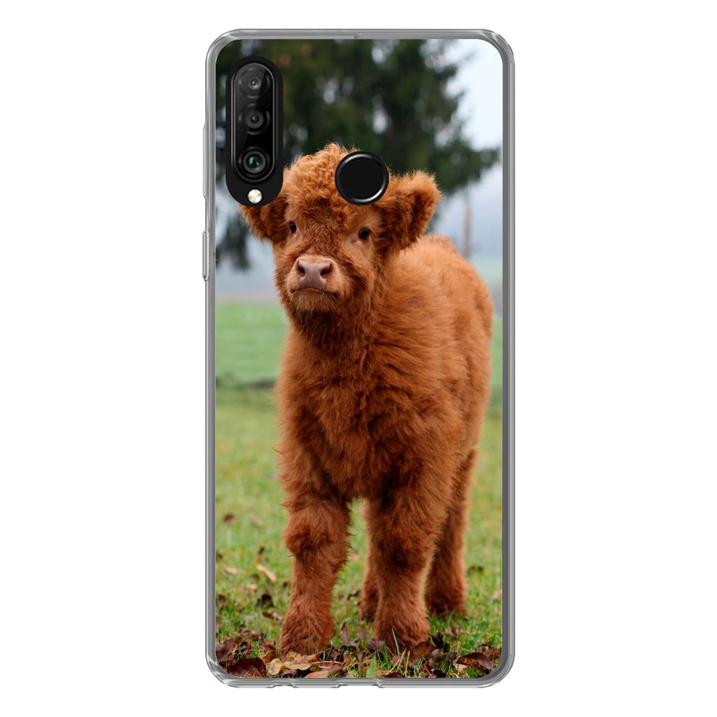 MuchoWow Handyhülle Schutzhülle Hülle für Huawei P30 Lite Scottish Highlander - Kalb - Gras Silikon Softcase Handy Hülle - Handyhülle
