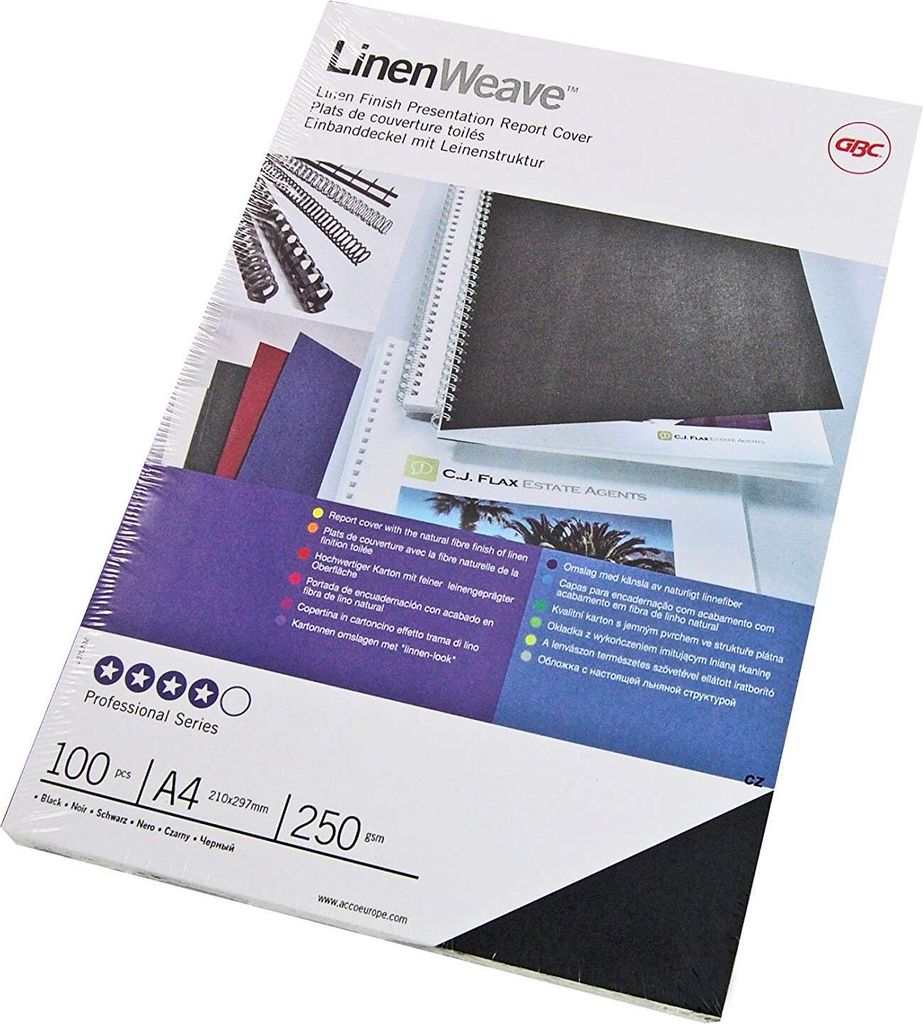 GBC LinenWeave Umschlagmaterial 250 g/m², schwarz (100), A4, Schwarz, 100 Blätter, 210 mm, 297 mm, 33 mm