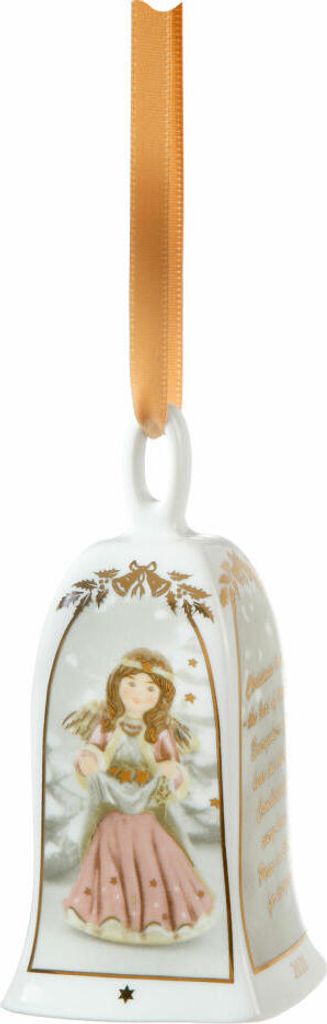 A white porcelain Christmas bell ornament with an angel design.