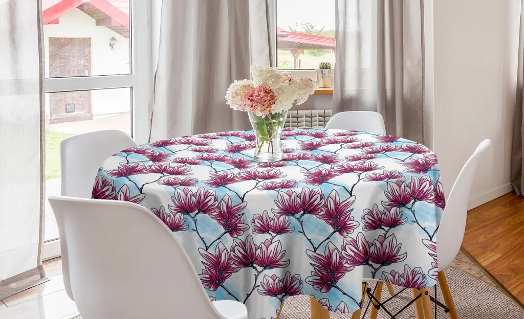 ABAKUHAUS Tovaglia rotonda Magnolia, Giardino in fiore, Bellezza, Arte, Tovaglia circolare per sala da pranzo, Decorazione per cucina, 150 cm, Magenta scuro, Azzurro
