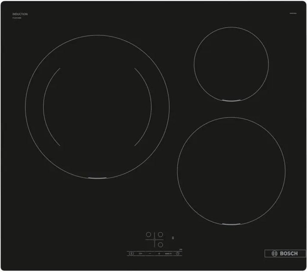 Top-down view of a black induction hob with three cooking zones and control panel.