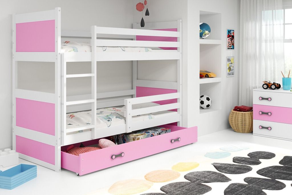 Kinderhochbett mit Stauraum und Matratzen 80x160 FERGUS – Weiß / Rosa