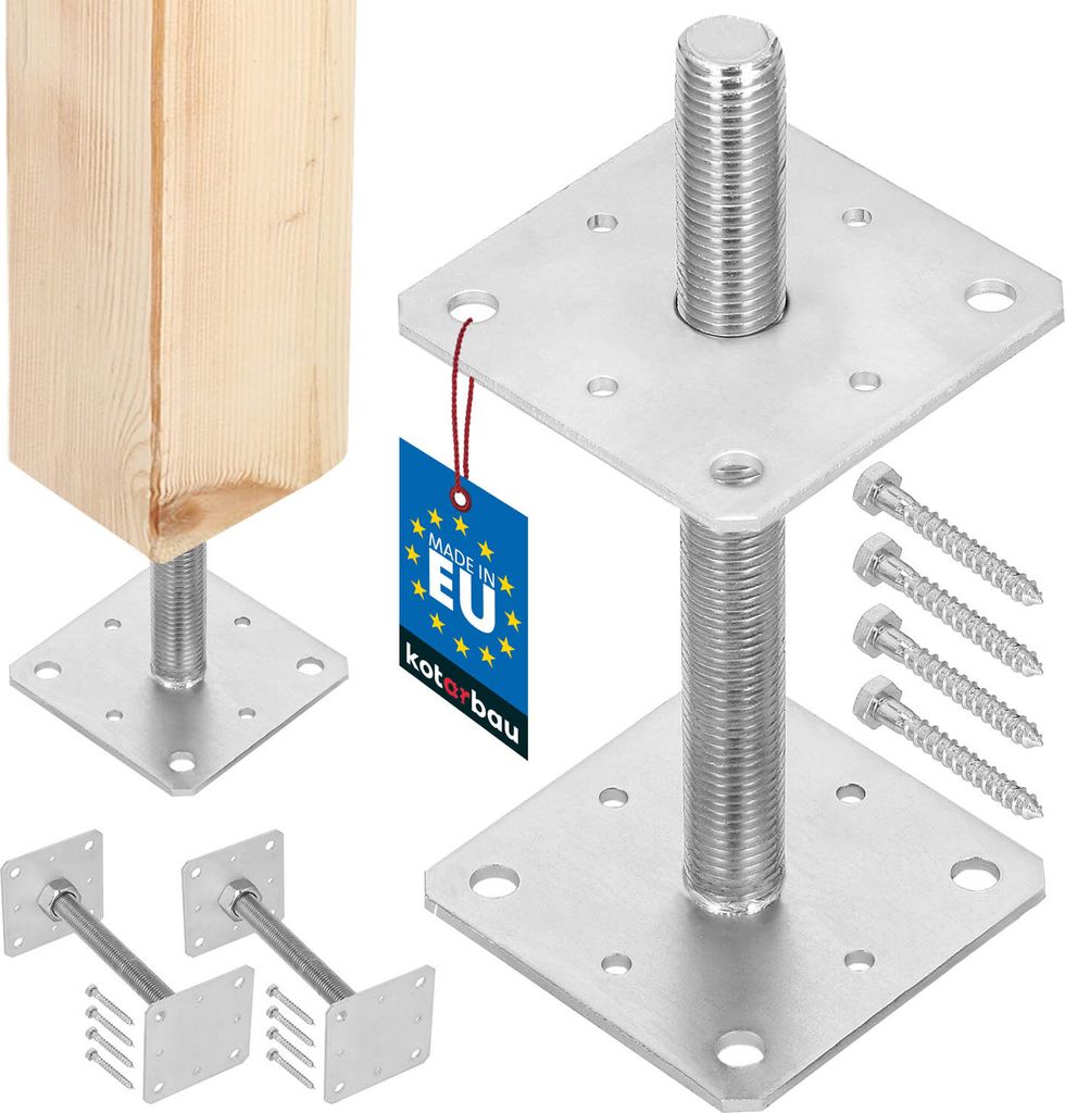 A set of adjustable galvanized post bases and screws, with a wooden post shown on one of the bases.