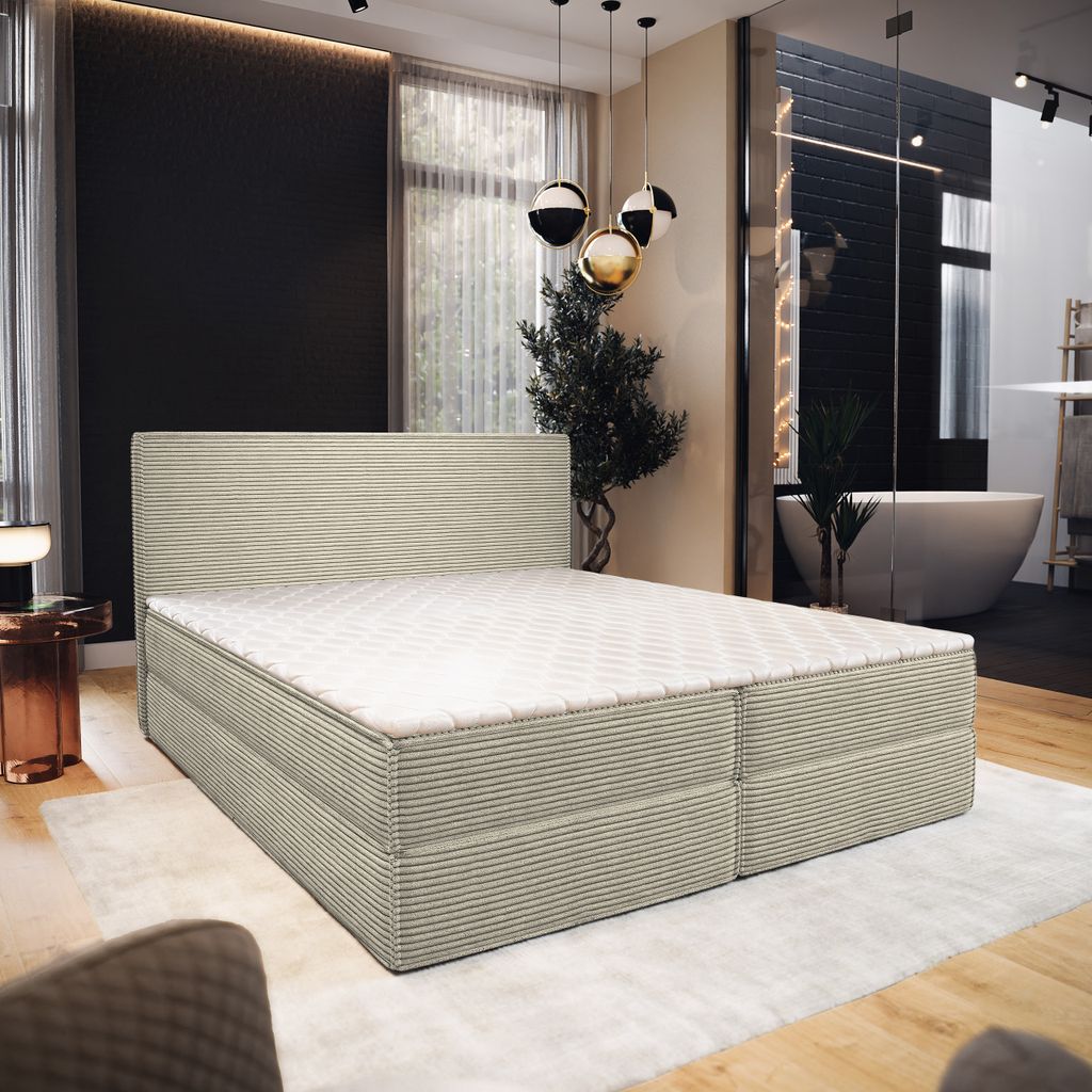 Masseno Boxspringbett PELLIO 140x200 cm Komplett-Set mit Bonell Matratze und Topper, Polsterbett mit Bettkästen -Creme, POSO 100