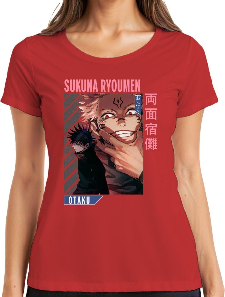 Sukuna Ryoumen Jujutsu Kaisen Dämon Rotaugen Otaku Anime Ästhetik Damen T-Shirt, Rot, S