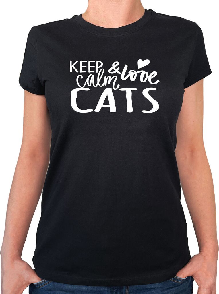 Huuraa T-Shirt Keep calm and love Cats Geschenk Größe L Black Bio Baumwolle Fairtrade Keep calm and Mitbringsel