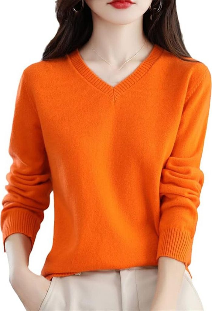 ASKSA Damen Wolle V-Ausschnitt Pullover Leicht Sweater Elegant Strickpullover Slim Fit Warm Pulli Basic Sweatshirt, Orange, S
