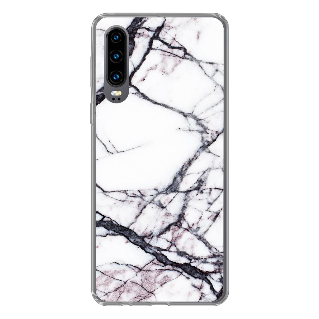 MuchoWow Handyhülle Schutzhülle Hülle für Huawei P30 Marmor - Weiß - Stein Silikon Softcase Handy Hülle - Kartenbesitzer