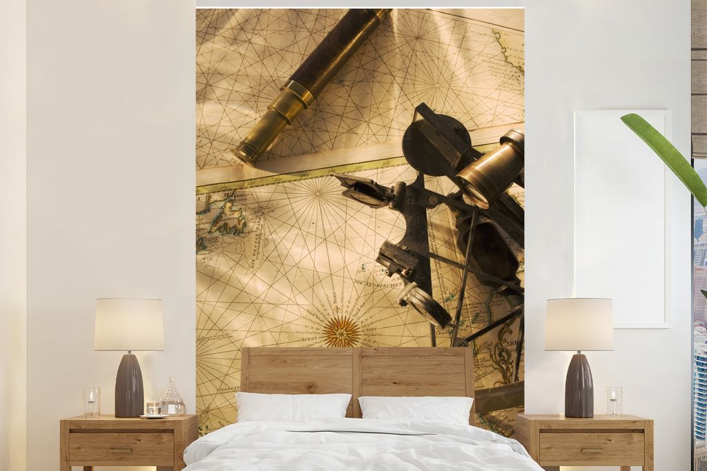 MuchoWow Fototapete für Wohnzimmer oder Schlafzimmer Wandtapete Vinyl Motivtapete Seekarte mit Kompass und Fernrohr - 200x300 cm - Wanddekorationen