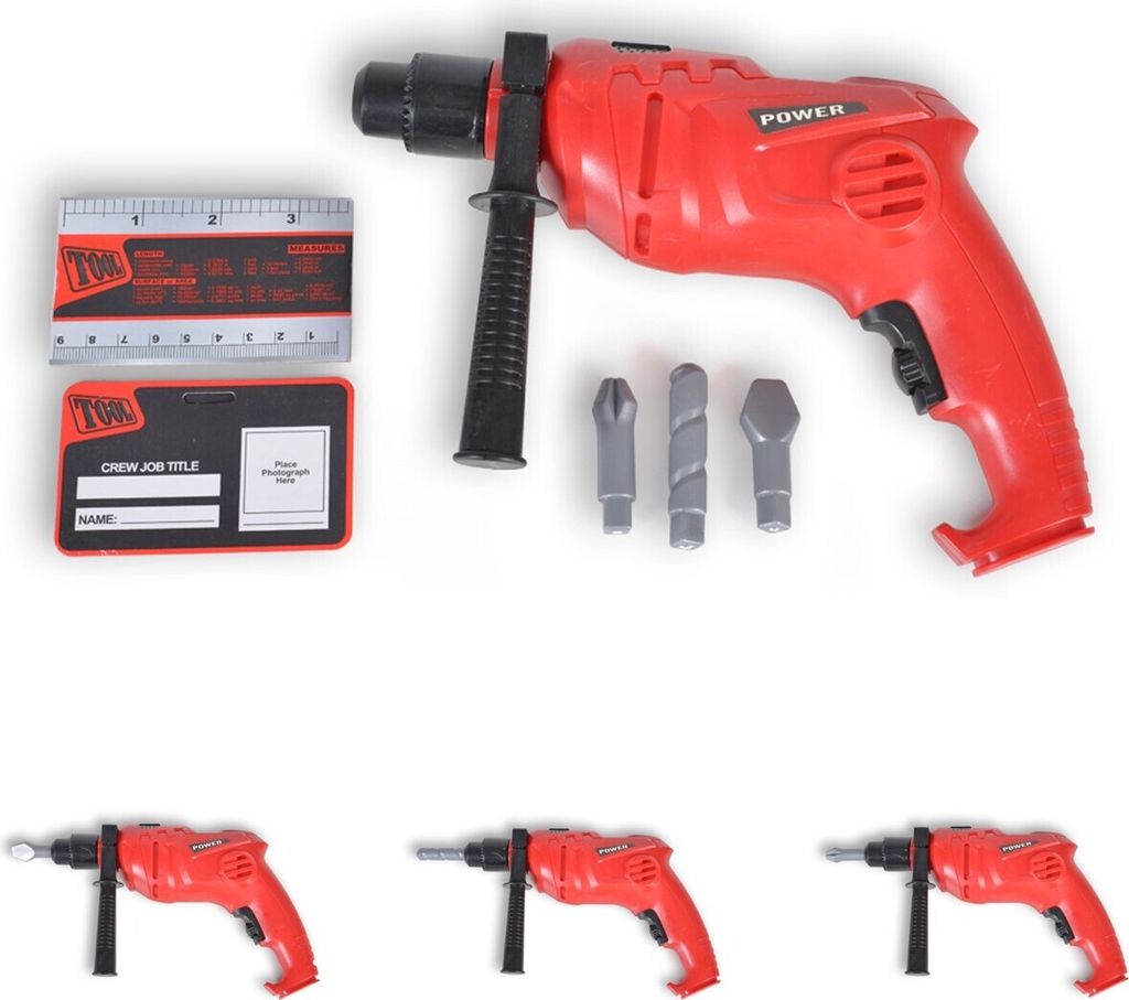 Moni Kinder Spielzeug-Bohrmaschine elektrisch T1403, Ausweis, 3 Aufsätze, Lineal rot