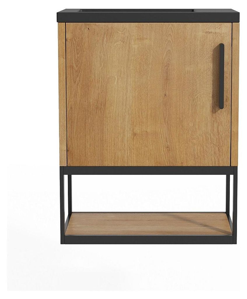 Hängeschrank mit Waschbecken, Einlegeboden und schwarzer Waschschüssel – 40 cm – Farbe: helles Naturholz – LOPENA
