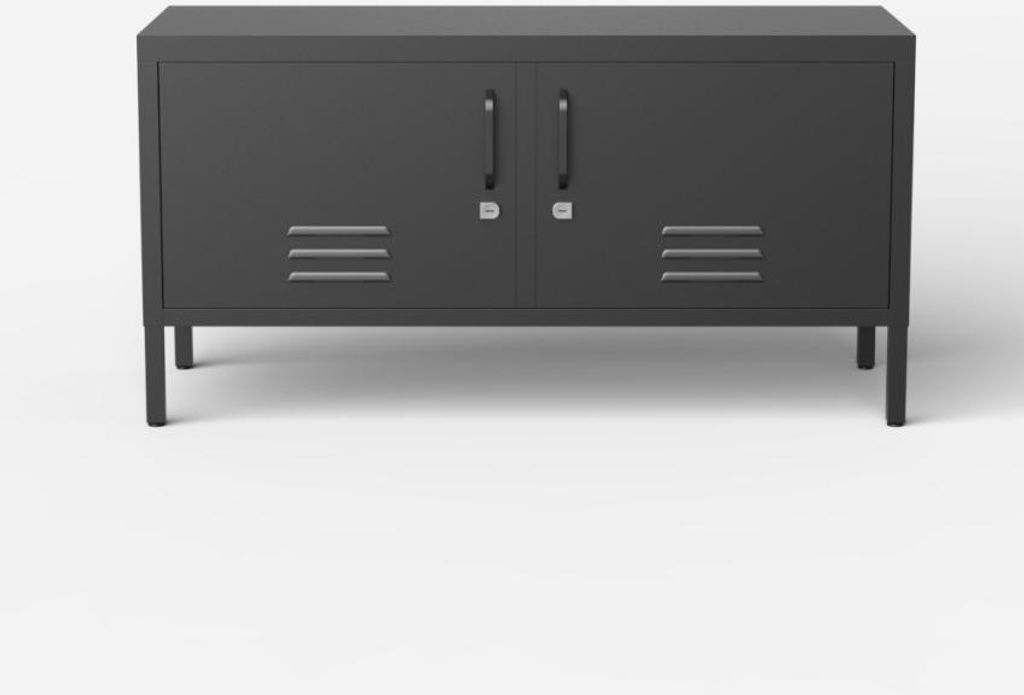 A black metal TV cabinet with two doors and ventilation slots on the front.