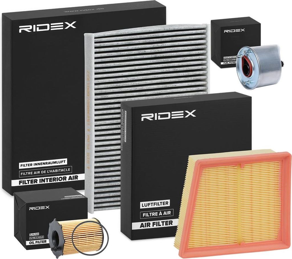 RIDEX Filterset Inspektionspaket Filtersatz für AUDI A6 Avant (4G5, 4GD, C7) für FORD Fiesta Mk6 Schrägheck (JA8, JR8) Fiesta Mk7 Schrägheck KA...