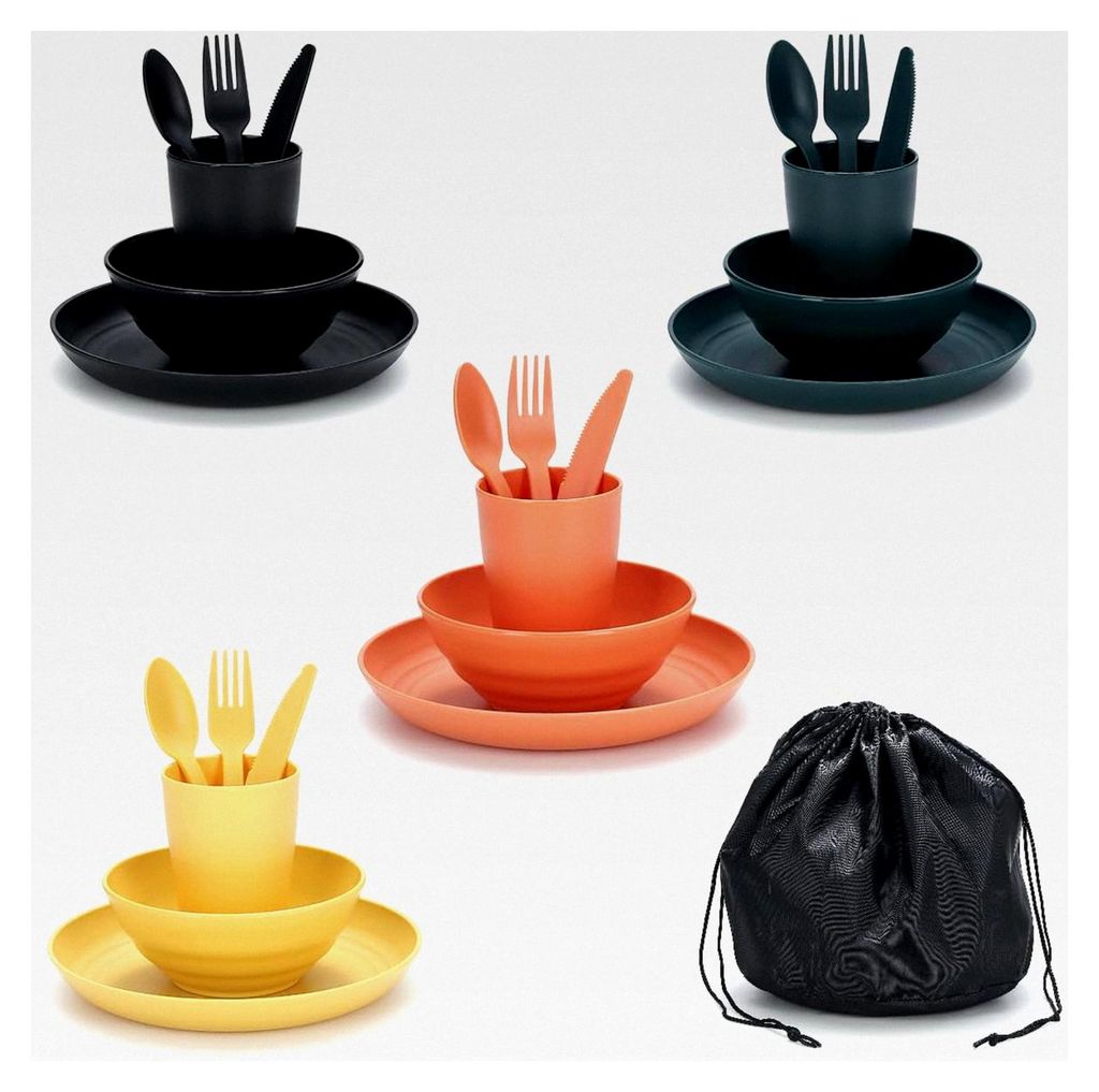 Camping Utensilien Set für 4 Personen für Reisen, Camping, Picknick und Outdoor-Aktivitäten mit Besteck, Tasse, Schüssel und Teller