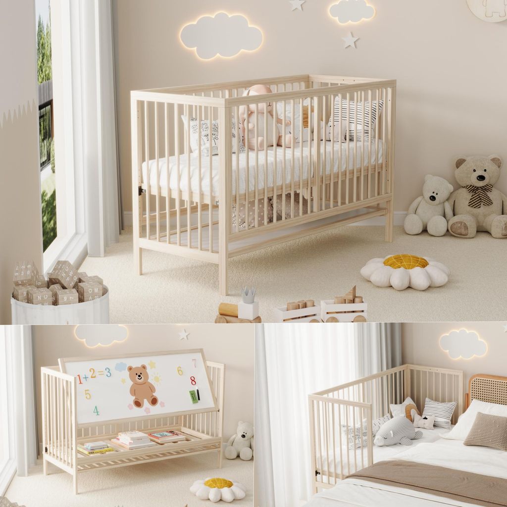 Merax Babybett Kinderbett 60x140cm, Höhenverstellbar Gitterbett, Sicherheitsbarriere, Malerbrettständer, Umwandelbar in Nebenbett, Schreibtisch, ...