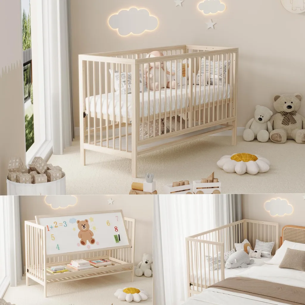 Lit Bébé 60x120 cm Transformable en Lit d'Appoint et Petit Bureau
