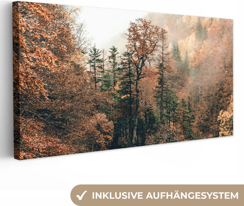 MuchoWow - Leinwandbilder - Natur - Wald - Nebel - Herbst, Wandbild, Wanddeko Bilder Wohnzimmer, 40x20 cm