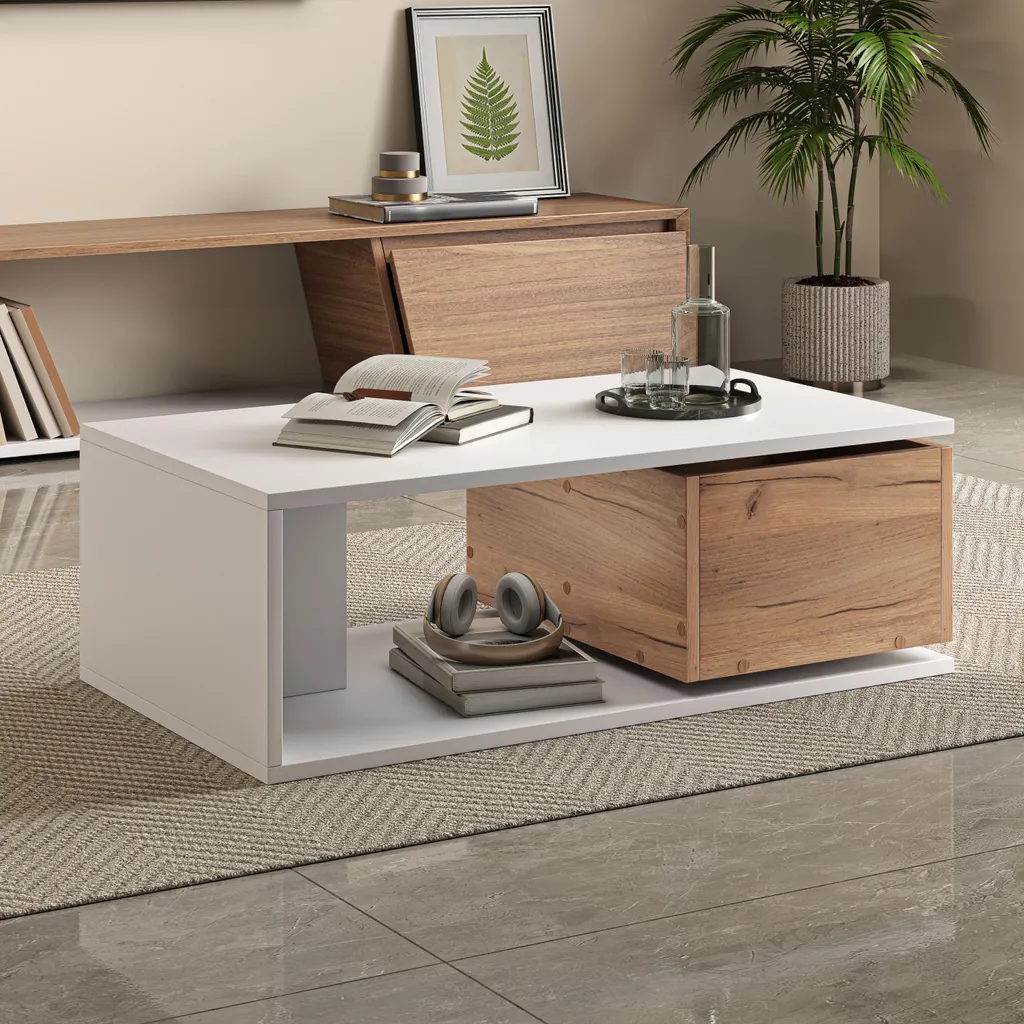 Fortuna Lai 90*50*30 cm Tavolino da caffè, cassetto girevole a 360°, tavolino con 1 cassetto, tavolino da salotto lucido con vano portaoggetti aperto, tavolino da divano, tavolino ausiliario, bianco + colore legno - 7