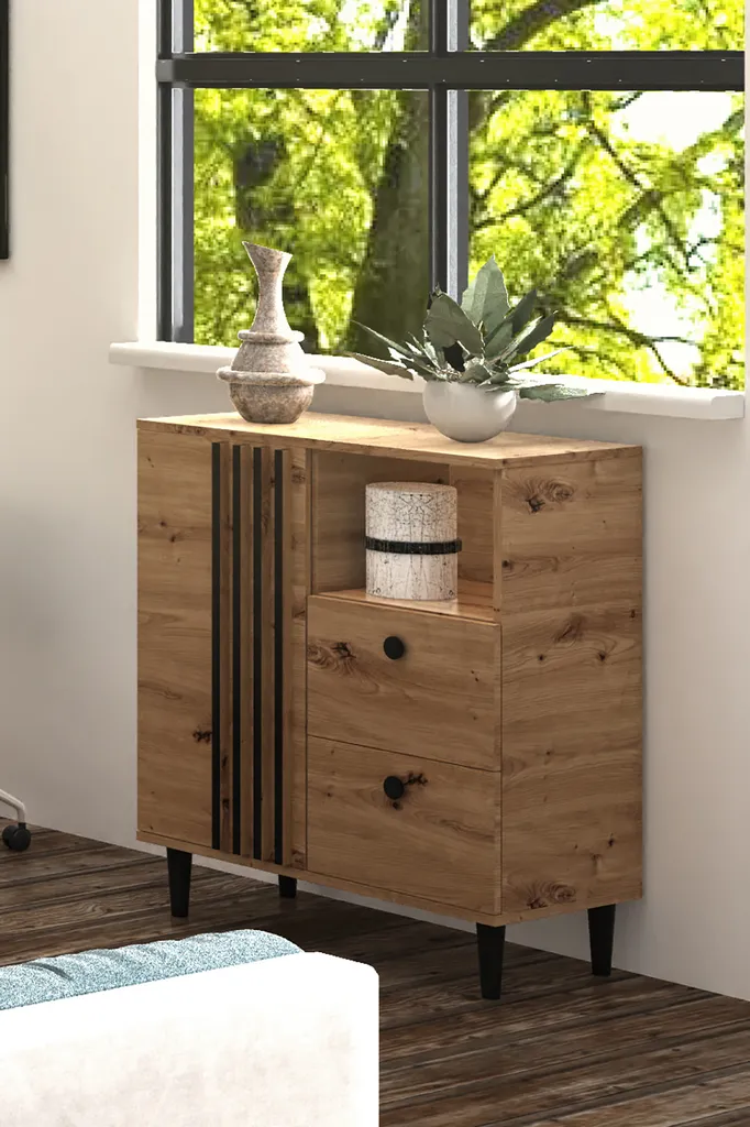 Buffet de salon Laura IV chêne et noir : meuble de rangement idéal