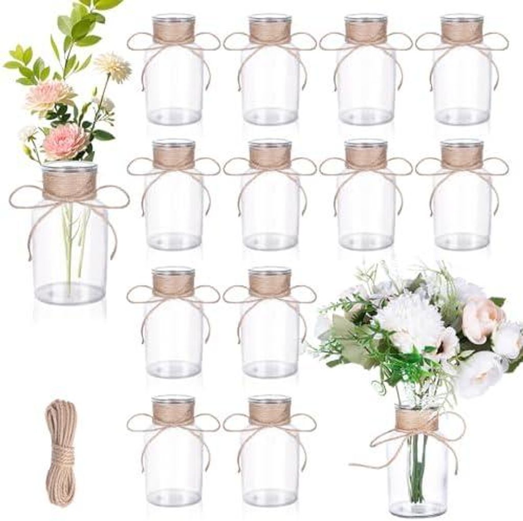 12 Stück Kleine Glasvasen, 125ml Mini Glasvasen mit Juteschnur, Vintage Blumenvasen, Deko Kleine Vasen Set für Tischdeko Hochzeit Geburtstag Part...