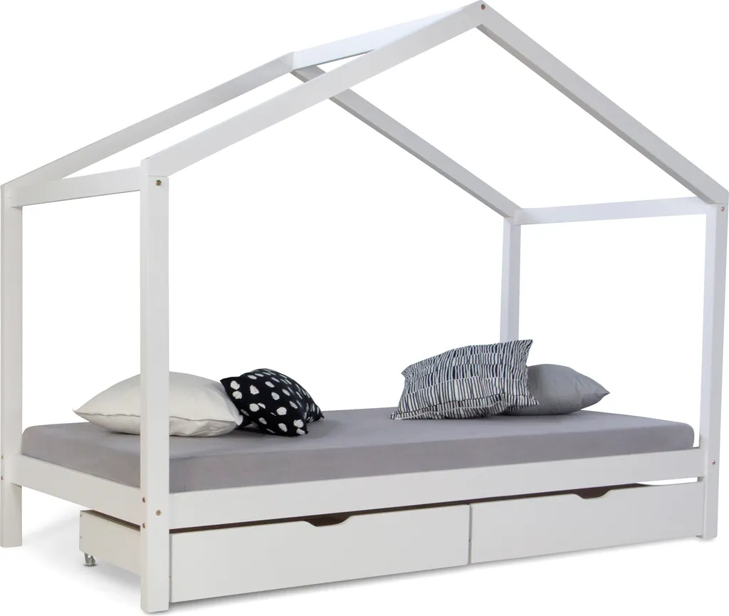 Lit Maison Enfant 90x200 cm en Bois Blanc avec Sommier et Grand Tiroir