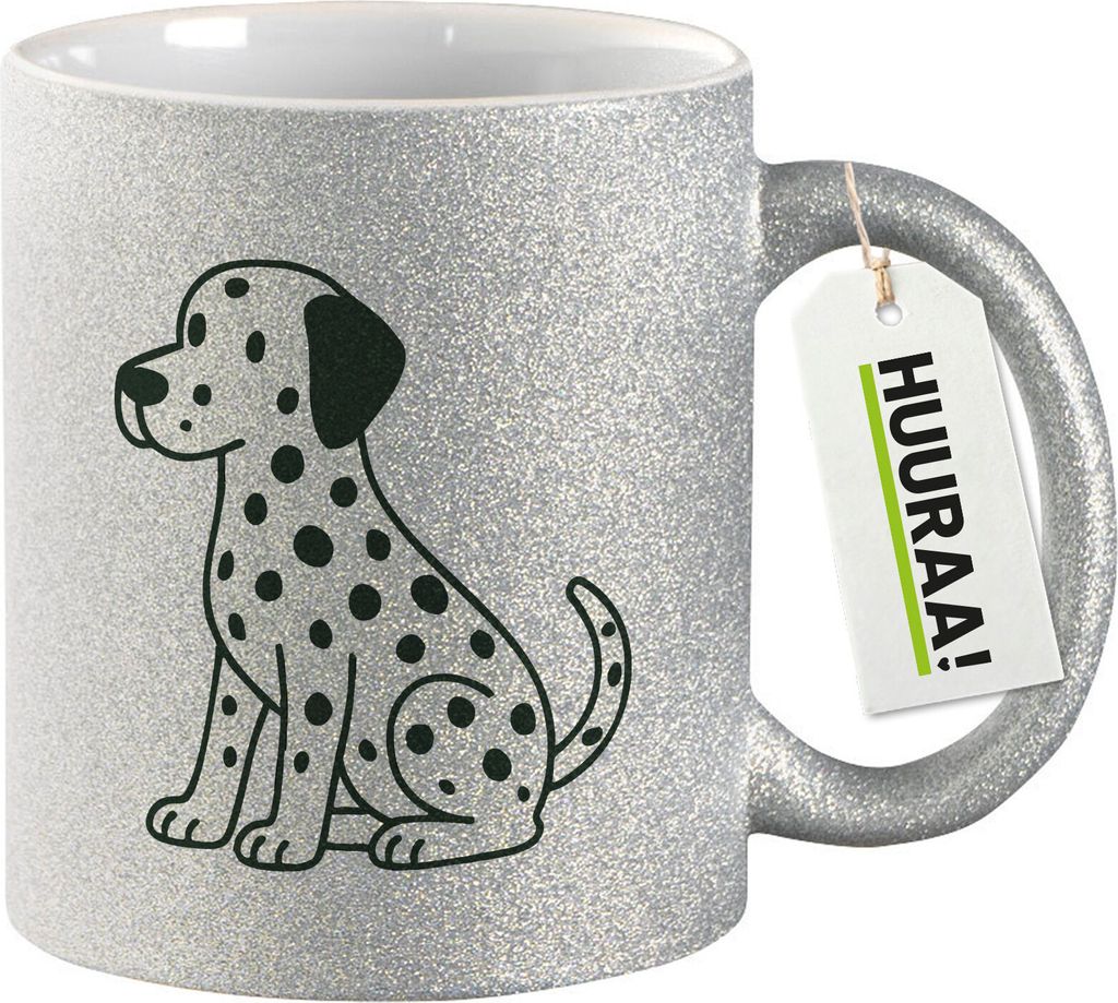 Huuraa Glitzer Tasse Dalmatiner Comic Dotti Geschenk 330ml Silber Dalmatiner Präsent