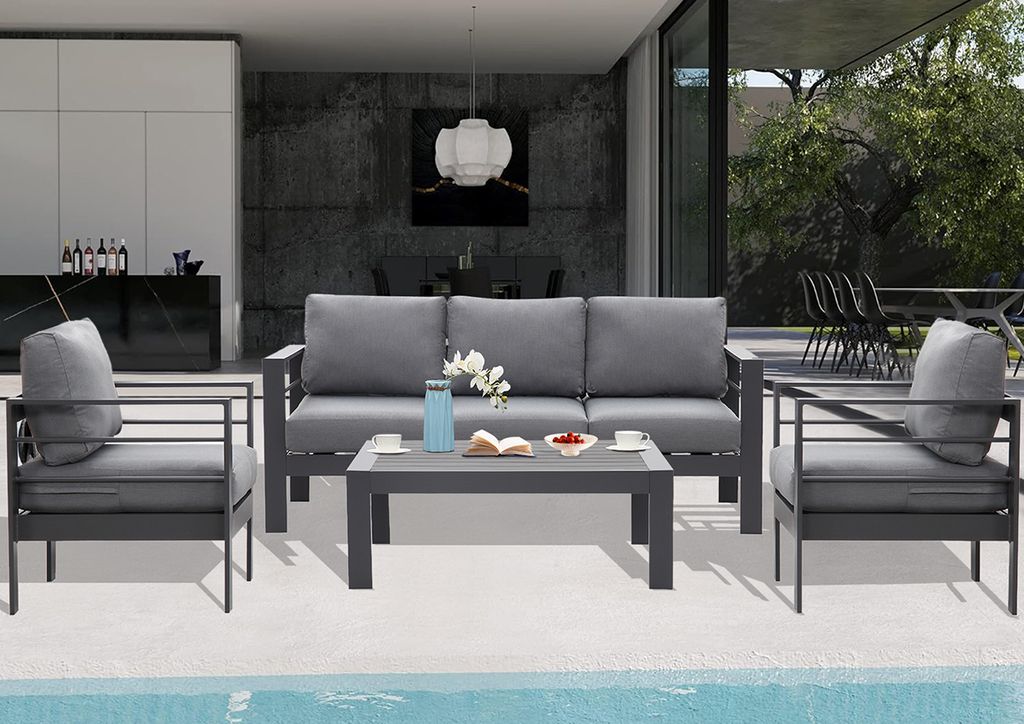 MeXo Gartenmöbelset, Loungeset Aluminium für 4-5 Personen mit Kissen und Couchtisch Indoor Outdoor Balkon Grau (Sitzgruppe, Aluminiumrahmen)