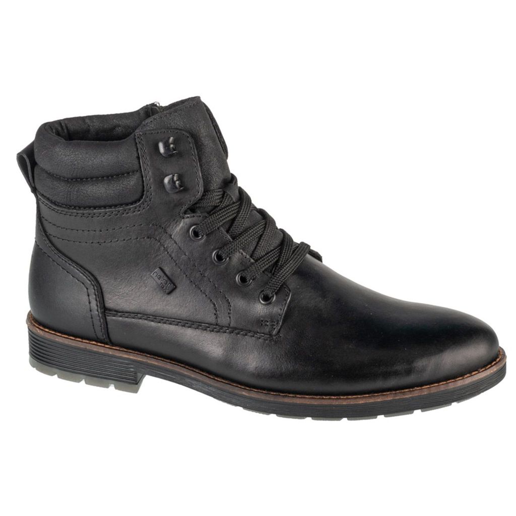 A black leather boot on a white background.