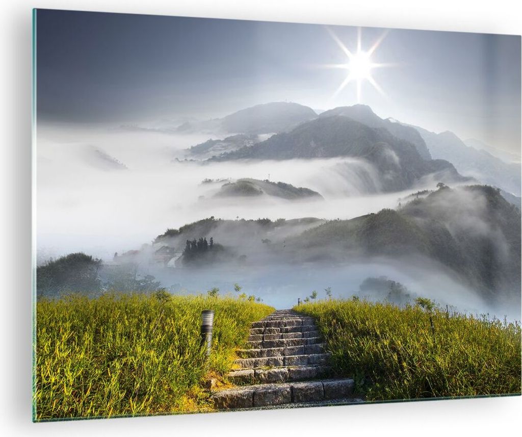 Bilder auf glas - Berg Nebel Landschaft Morgen - 70x50cm - Glasbilder - Wandbilder - Kunstdruck - zum Aufhängen bereit - Wanddekoration aus Glas -...