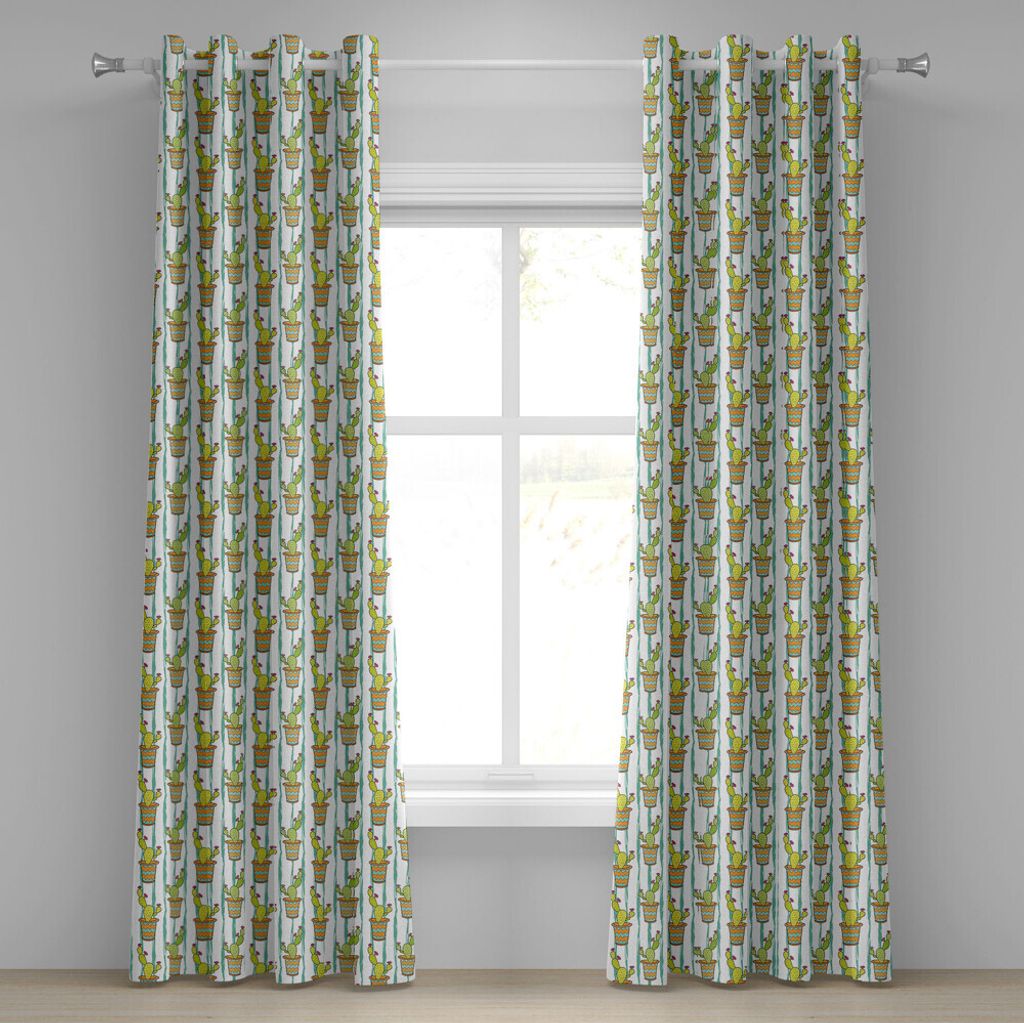 ABAKUHAUS Kaktus Ösenvorhang, Vertikale Linien Karikatur-Zeichnungs-Art-Zickzack-Zickzack Muster-Blumen in den Töpfen, Dekorative 2-Panel-Fenster...