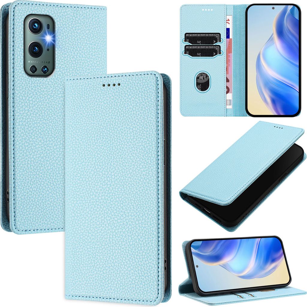 Litchi Leder Handyhülle für OnePlus 9 Pro Wallet Kartenfächer Standfunktion Hülle Hellblau