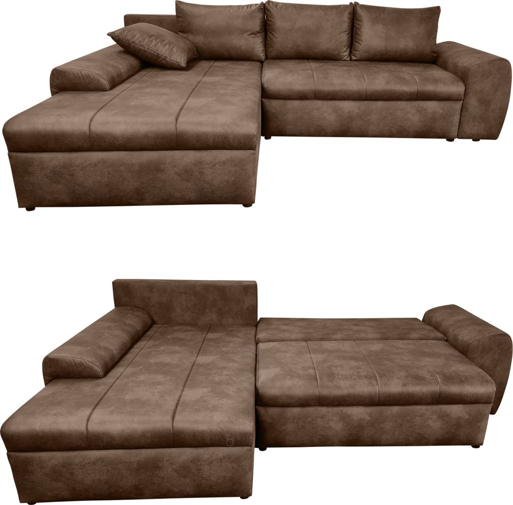 Ecksofa Vintage Schlafsofa Eckcouch L-Sofa mit Ottomane und Bettkasten in Braun / 18014