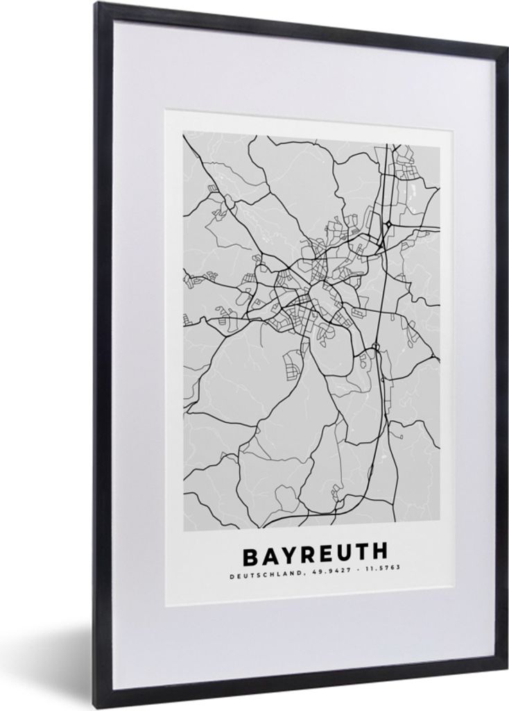 MuchoWow Gerahmtes Poster Bayreuth - Karte - Stadtplan - Deutschland 40x60 cm - Poster mit Schwarzem Bilderrahmen Wandposter Rahmen Foto Bilder -...