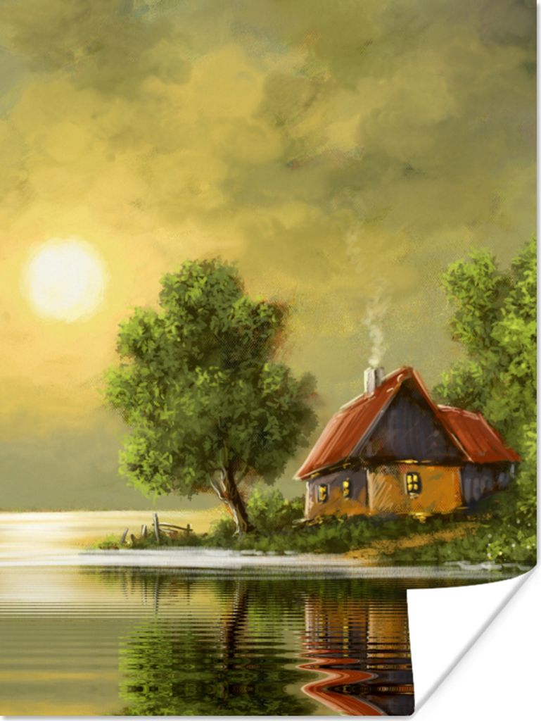 MuchoWow Poster Gemälde - Ölfarbe - Haus - Natur - Wasser 30x40 cm - Wandplakat - Poster Kinderzimmer