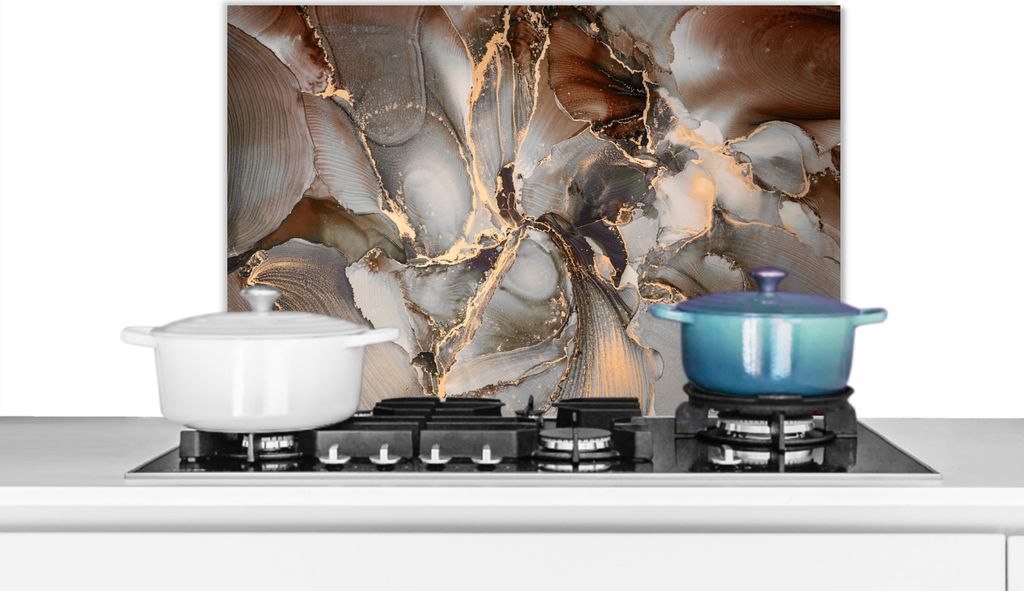 KitchenYeah Spritzschutz Küche - Küchenrückwand - Wandschutz für Herd und Spüle - Grau - Gold - Marmor - Marmoroptik 70x50 - Alu-Dibond (Al...
