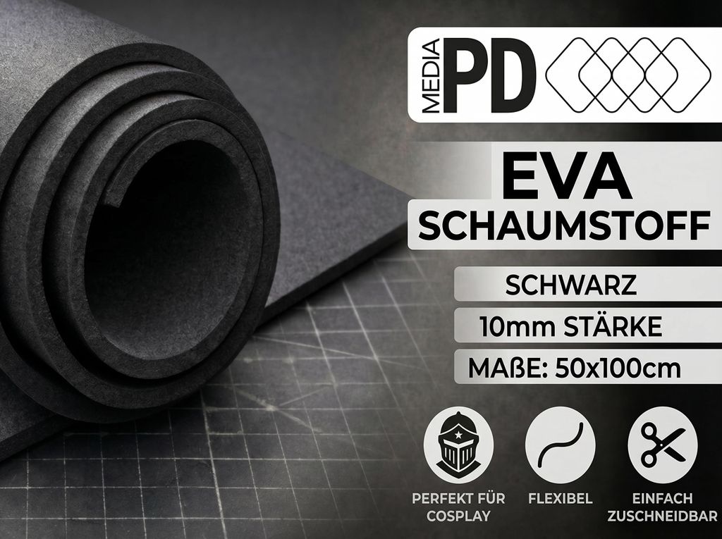 PD Media EVA Schaumstoff Schwarz 10mm – 50x100 cm, High Density (80 kg/m³), Moosgummi für Cosplay & Basteln