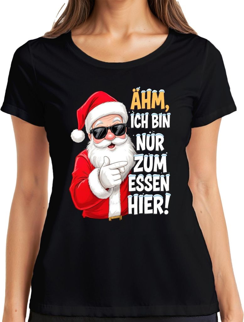 Ähm ich bin nur zum Essen hier Weihnachtsmann lustig Nikolaus Damen T-Shirt, Schwarz, M