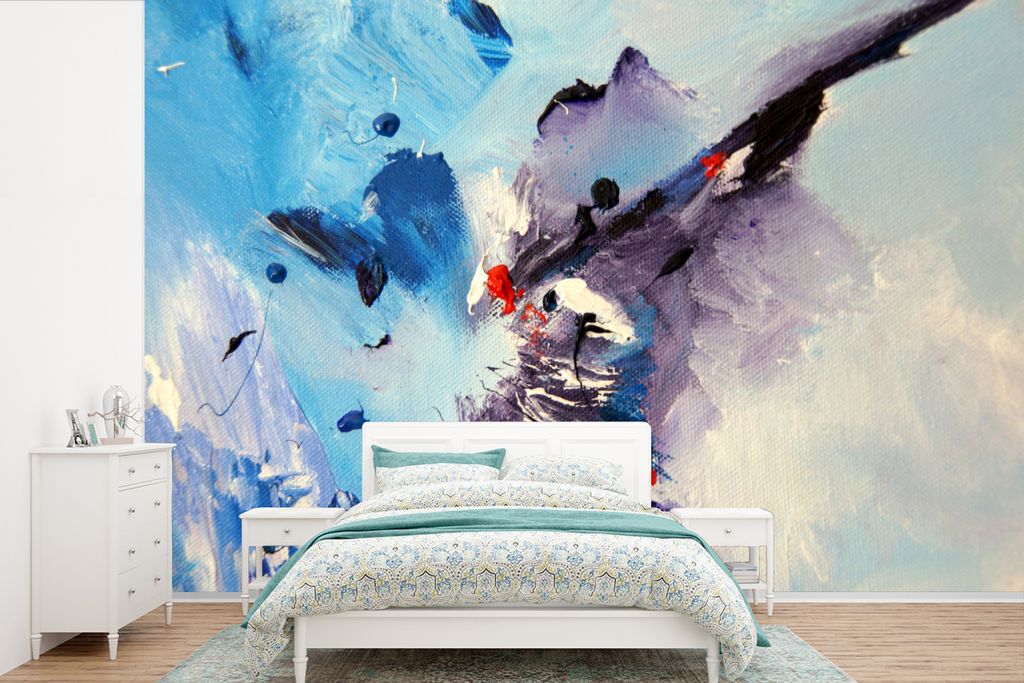 MuchoWow Fototapete für Wohnzimmer oder Schlafzimmer Wandtapete Vinyl Motivtapete Schwarze und blaue Streifen auf einem Gemälde - 600x400 cm - ...