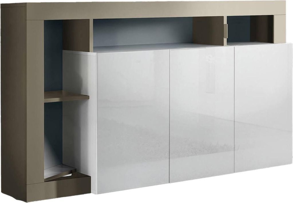 Modernes 3-türiges Sideboard mit offenen Fächern, Italy, Küchen-Sideboard, Wohnzimmer-Design-Buffet, 146 x 42 h 93 cm, glänzendes Weiß und Bi...