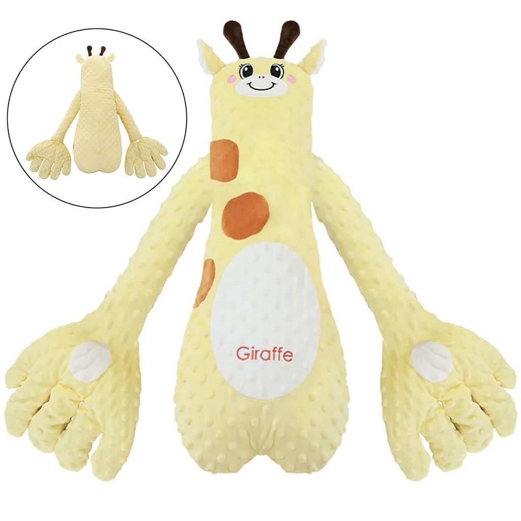 A plush giraffe toy with long arms and hands, shown against a white background. A smaller inset image shows the same toy from a different angle.