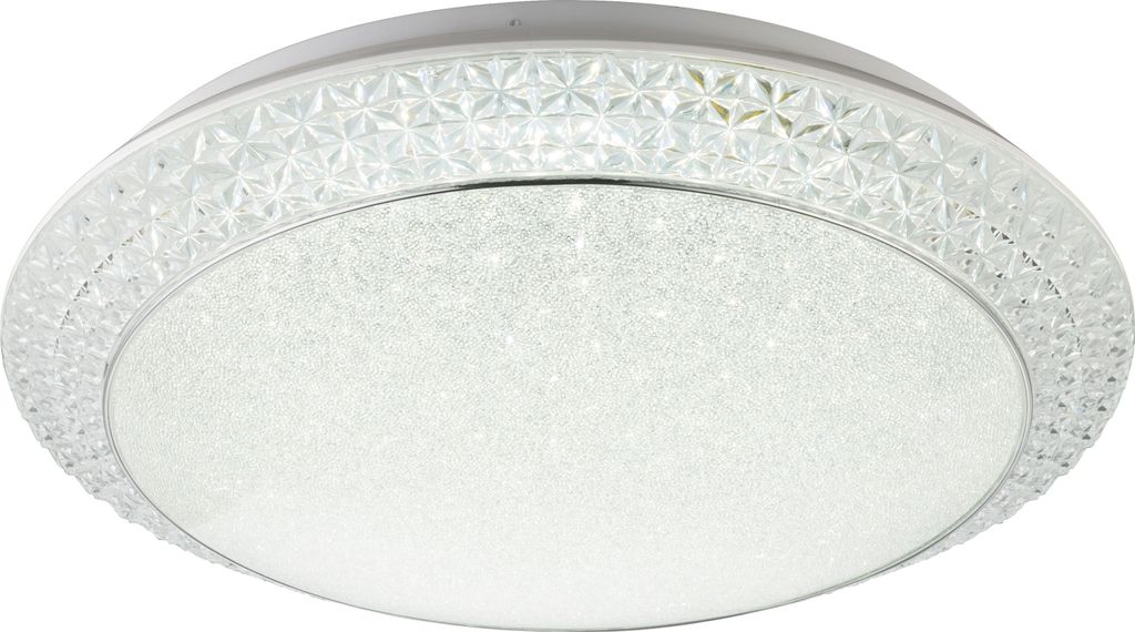 A close-up, studio shot of a white ceiling light with a decorative, textured rim.