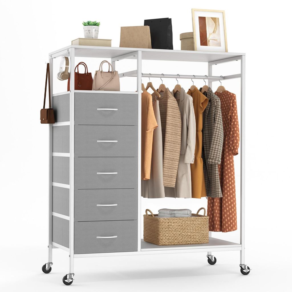 HOKEEPER Kleiderständer,Offener Kleiderschrank,Kleiderständer auf Rollen,Kleiderstange,Fahrbarer Kleiderständer mit Schubladen,Clothes rack,Hake...
