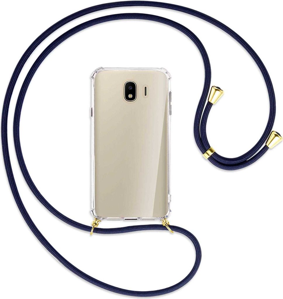 Handykette Backcover-Schutzhülle mit Band (Metall goldfarben) für Samsung Galaxy J4 2018 - dunkelblau